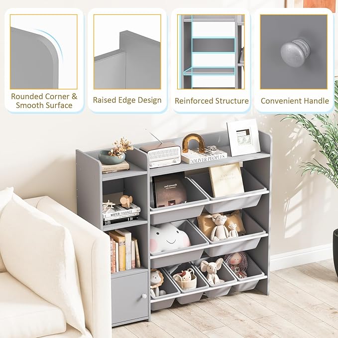 Costzon Kids Toy Storage Organizer, 4-Tier Kids Bookshelf Storage Cabinet w/8 Removable Bins, Preschool Children's Montessori Bookshelf w/Large Cabinet for Playroom, Daycare, Kids Room, Classroom