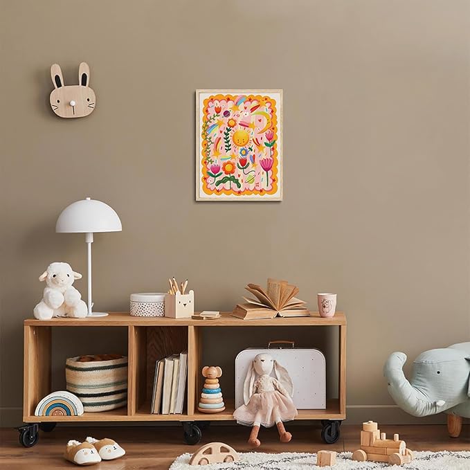 KISSFOX Framed Wall Art Nursery Wall Decor Floral Pictures Kids Cute Flower Canvas Art Sun Moon Stars Paintings Whimsical Celestial Artwork For Children Boys Girls Room Playroom