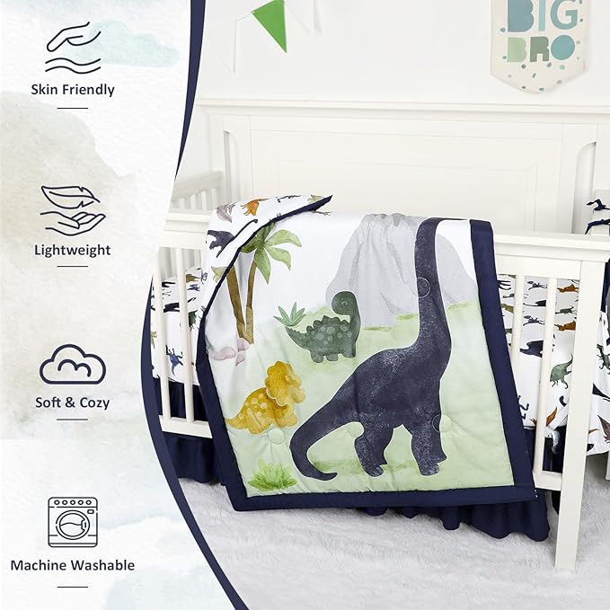 4-Piece Crib Bedding Set， Baby Nursery Bedding Sets for Boys Includes Comforter, Fitted Crib Sheet, Crib Skirt, and Diaper Stacker, Soft Standard Size Crib Comforter Set Blue ，Dinosaur