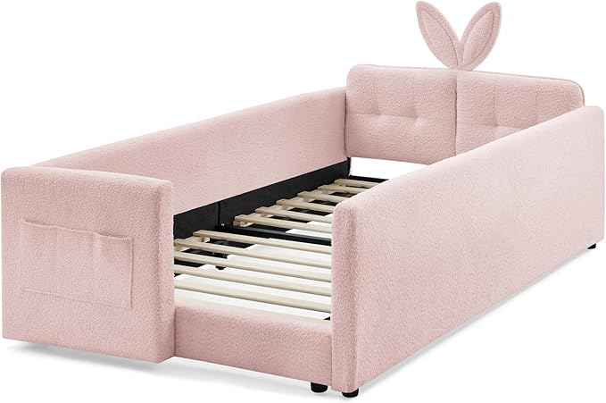 Twin Size Upholstered Platform Bed with Safety Guardrail and Cute Rabbit Ear Shaped Headboard, Boucle Fabric Montessori Kids Bed with Pocket and Sturdy Slats Support (Pink-7.24)