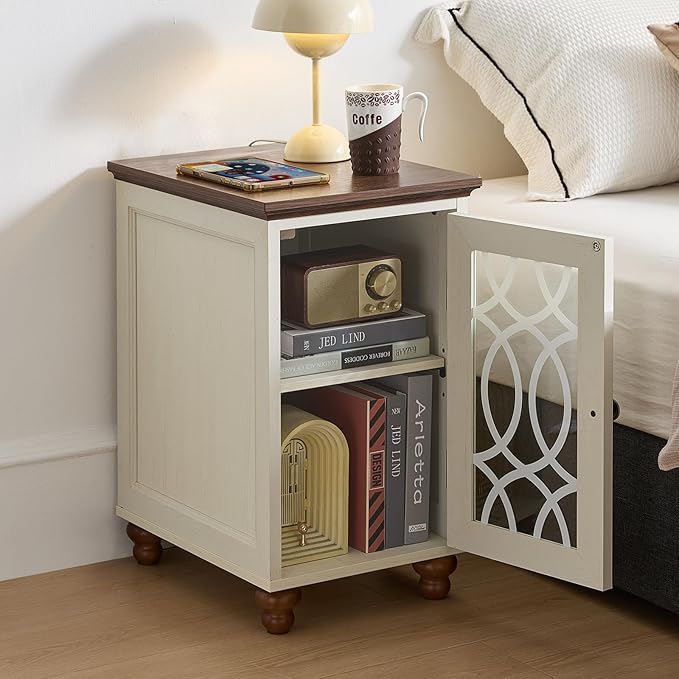 Narrow Side Table with Glass Door, 18 x 14'' Night Stand with Adjustable Shelf Storage Cabinet Organizer, Bedside End Tables Wood Nightstand for Small Spaces Living Room Bedroom