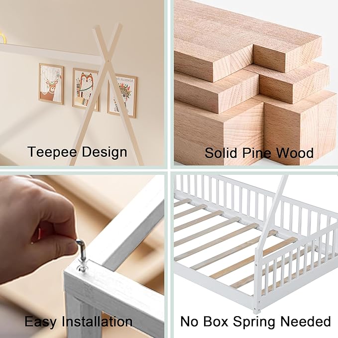 Twin House Bed with Fence Rails, Wood Montessori Floor Bed with Slats Support, Twin Size Teepee Tent Beds Kids Bed Frames for Girls Boys,White