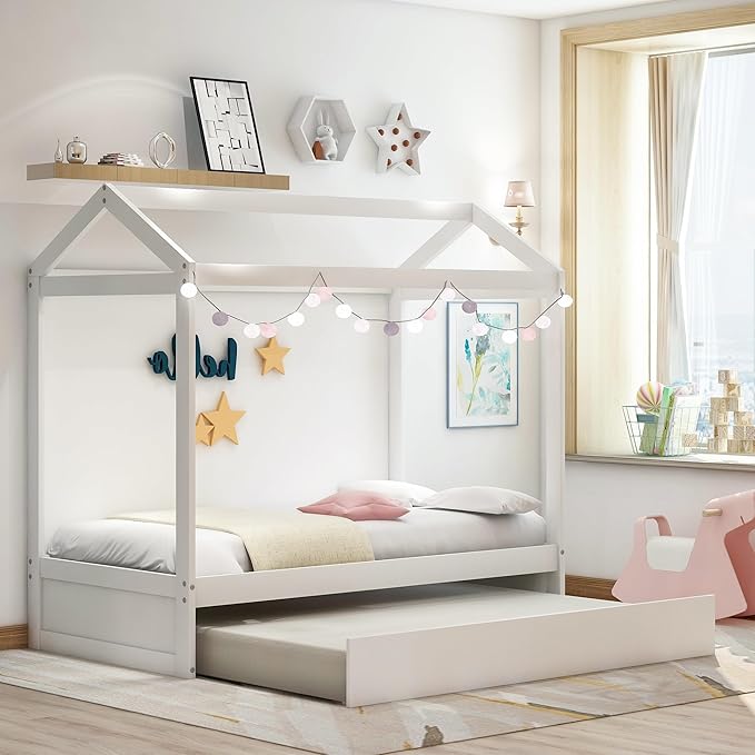 Merax House Bed with Trundle, Solid Wood Twin Size Daybed for Girls & Boys, Kids Platform Bed Frame with Roof for Bedroom, No Box Spring Needed, White
