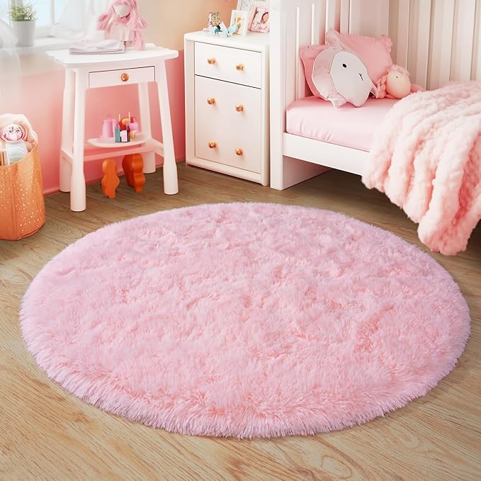 6‘x6’ Round Pink Rugs for Girls Bedroom, Ultra Soft Fluffy Circle Rug for Kids Room, Cute Shag Rugs for Living Room Playroom Tent Castle Home Decor Rug