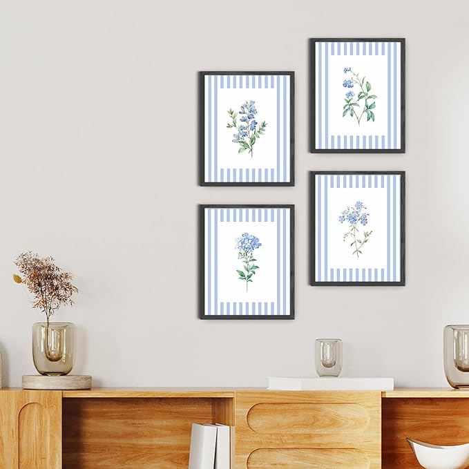 JINYO Vintage Blue and White Striped Floral Wall Art Prints Set of 4, Floral Wall Decor, Rustic Cottagecore Botanical Wall Decor Posters Pictures for Home Bedroom Living Room, 12x16 Unframed