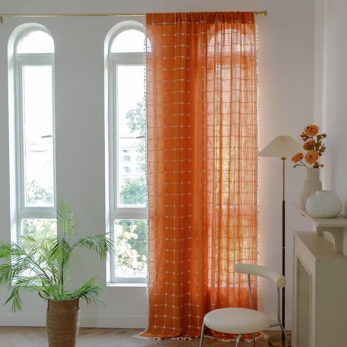 Deeprove Boho Curtains 72 Inches Long for Laundry Room Bathroom, Linen Plaids Embroidery Semi Blackout Bohemian Farmhouse Window Treatment Grids Drape Tassels, 1 Panel W52 x L72 Burnt Orange