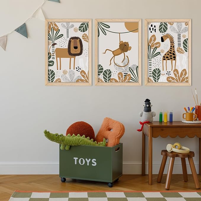 YWJKWLGS Kids Safari Animal Wall Decor, 3 Piece Nursery Art for Baby Room 16"x24" Jungle Theme Cute Lion Monkey Giraffe Prints Sign Wood Framed for Children's Room Toddler Bedroom Decoration (Wood)