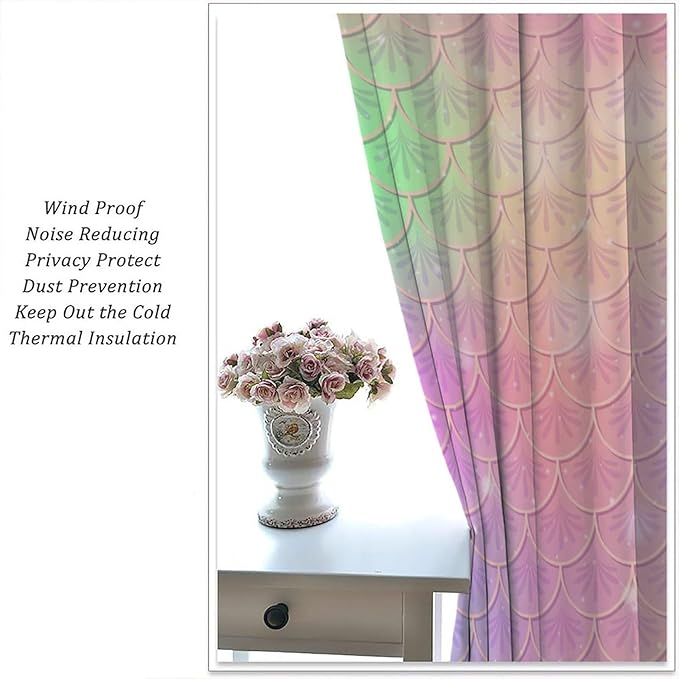 Mermaid Curtains, Kids Cartoon Watercolor Sea Animals Mermaid Princess Scales Pattern Print Living Room Decoration for Kids Girls Bedroom Nursery 42x45 Inch