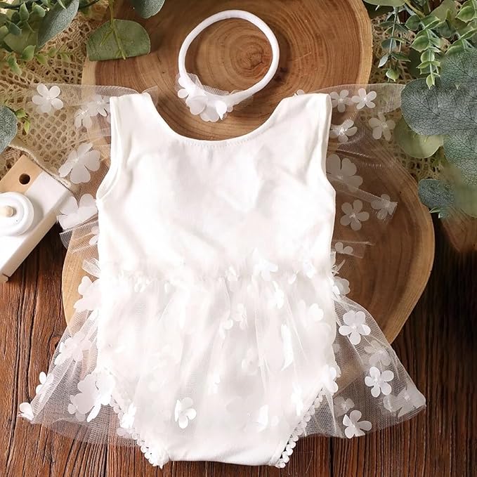 Newborn Girl Photography Outfits, Backless Lace Romper with Flower Headband Photo Props, Baby Girl Photoshoot Outfits
