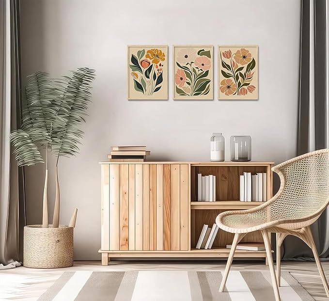 CHMMART Boho Floral Framed Wall Art Flower Canvas Art Prints Set of 3 Mid Century Modern Pictures Wall Decor Botanical Painting Artwork for Living Room Bedroom Office 12x16in