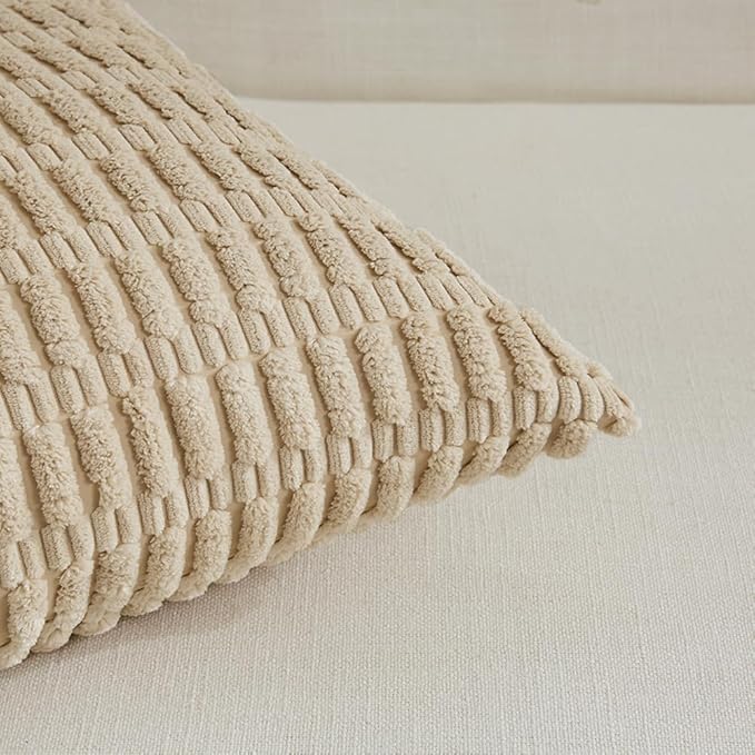 Fancy Homi 2 Packs Tan Decorative Throw Pillow Covers 26x26 Inch for Living Room Couch Bed Sofa, Rustic Farmhouse Boho Home Decor, Soft Striped Corduroy Beige Square Cushion Case 66x66 cm