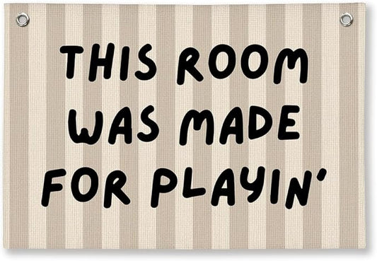 Playroom Decor, Long Live Playtime Wall Hanging Linen Banner, Blue Striped Wall Flag for Kids Room Nursery Playroom Decor, 20x30 Inch-This Room