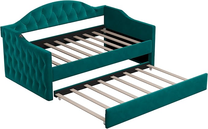 Bellemave Twin Size daybed Frame with Trundle for Adults, Kids, Girls, Teens, Tufted daybeds with Trundle for Living Room, Velvet, (Mattress not Included), Green