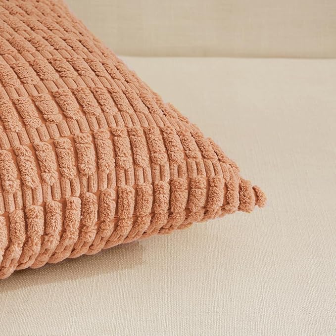 Fancy Homi 2 Packs Peach Farmhouse Decorative Throw Pillow Covers 20x20 Inch for Living Room Couch Bed Sofa, Rustic Boho Home Decor, Soft Striped Corduroy Square Cushion Case 50x50 cm