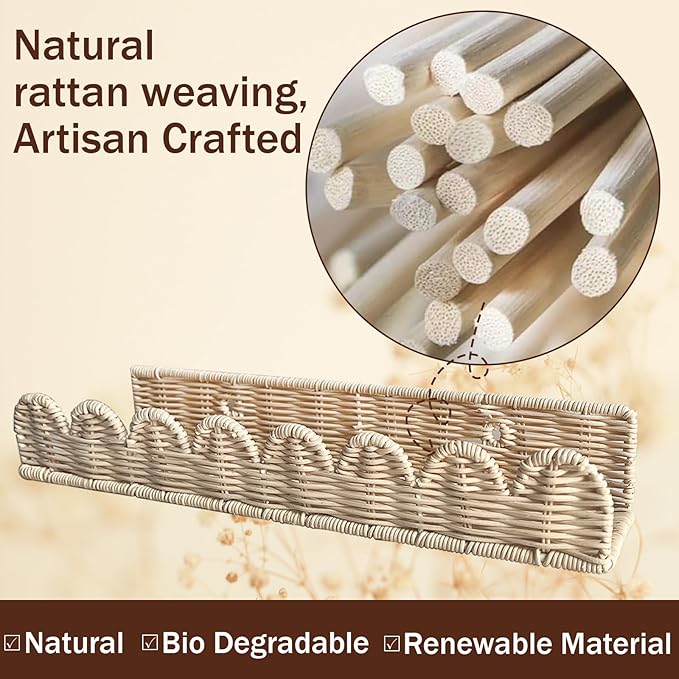 Nursery Book Shelves, 2Pcs Artisanal Natural Rattan Scalloped Book Shelf for Kids Rooms, Rattan Wall Shelves for Books, Toys, Photo Frames, Nursery, 15.8 x 4 Inch