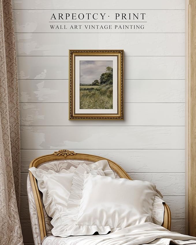 ARPEOTCY Vintage Gold Framed Wall Art, Farmhouse Meadow Landscape Country Paintings, Moody Rustic Canvas Picture Prints Artwork with Frame, Victorian Wall Decor for Living Room Bedroom 11x14 inch