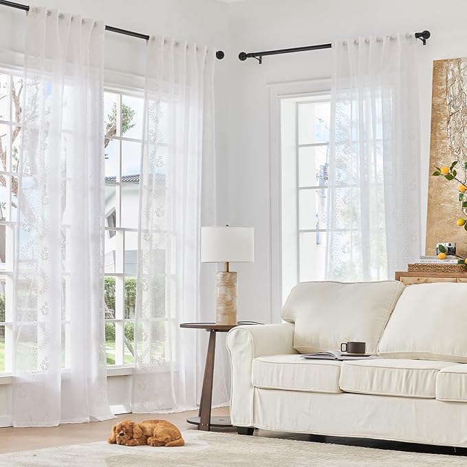 jinchan Belrose Linen Sheer Curtains for Living Room 84 Inch Length Sheer Voile Embroidered Floral Curtains for Bedroom Light Filtering Rod Pocket Window Treatments Farmhouse Decor 2 Panels White