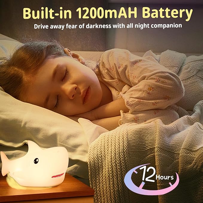 LOVERUIS Shark Night Light for Children, 7 Color Changing LED Portable Touch Baby Lamp, USB Rechargeable Silicone Animal Night Light for Children, Kindergarten, Toddlers (Shark)