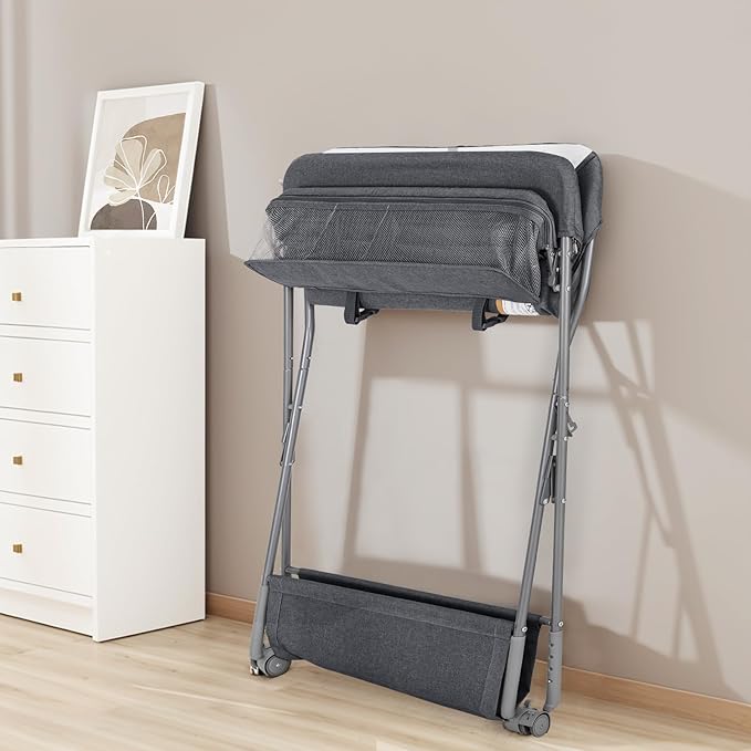 Baby Changing Table with Wheels, Maydolly Portable Adjustable Height Folding Diaper Station with Nursery Organizer & Storage Rack for Newborn Baby and Infant (Dark Grey)