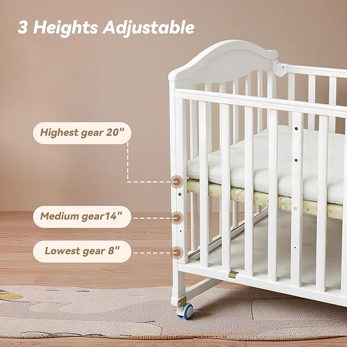Portable Mini Baby Crib - Cunas para Bebes with Changing Shelf and Mattress Included,2025 Wheeled Wood Baby Bassinet,Bassinet Bedside Co Sleeper for Small Room,White