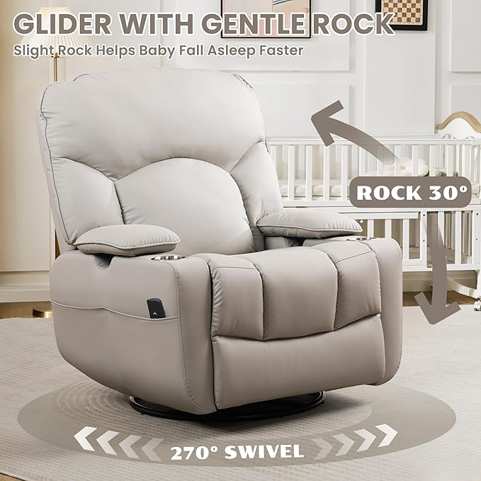 GRAINELL Rocking Chair Nursery, Electric Swivel Recliner Glider with Adjustable Armrests, Nursing Chair with USB Charger, Cup & Blanket Holders,Grey PU Leather