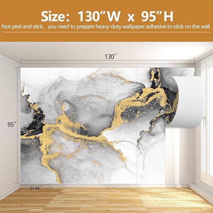 Black Gold Marble Wallpaper Abstract Ink Art Large Background Mural Living Room Office（Not Peel and Stick）