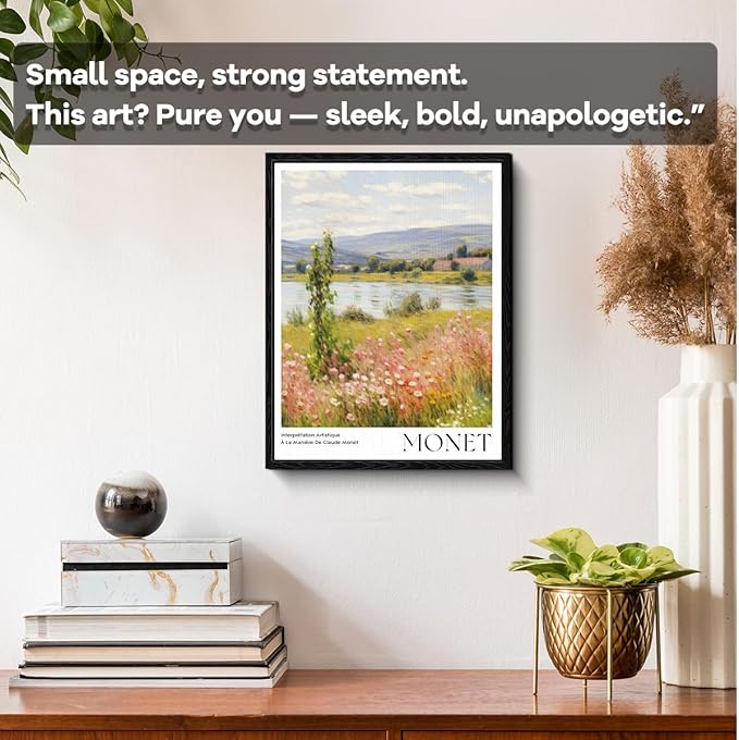 Impressionist Landscape Wall Art, riverside wildflowers scene, impressionist wall decor, matte finish framed canvas print, museum art poster artwork, for living room art lover gift, 12x15 inch