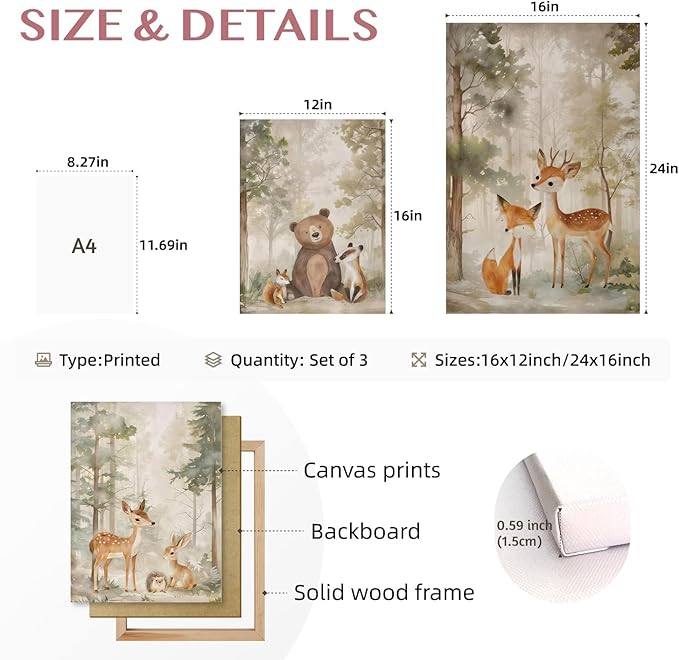 Cyebmo Framed Woodland Animals Wall Art Set of 3, Baby Boy Wild Forest Animals Wall Decor, Deer Bear Fox Wrapped Canvas Painting, Neutral Aesthetic Pictures for Kids Room Benroom Nursery 12"x16"x3