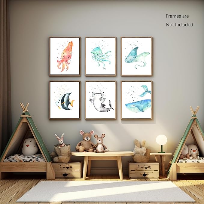 Wodkwq Nursery Wall Art Sea Animal Canvas Prints Baby Girl Boy Room Decor Watercolor Paintings Pictures Cute Ocean Theme Toddler Room Decoration Set of 6 for Kids Bedroom Bathroom 8x10in Unframed