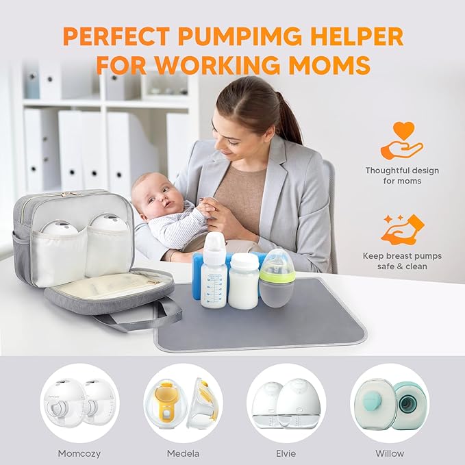 PIIOSER Breastmilk Cooler Bag with Ice Pack, Compatible with Wearable Breast Pumps & Accessories - Portable Pumps Carrying Case for Nursing & Working Moms (Grey-Small)