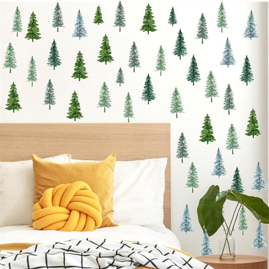 Small Pine Tree Wall Sticker Watercolor Green Tree Window Decals Forest Pine Window Stickers Green Trees Wall Decals Peel and Stick Small Pines Wall Stickers for Nursery Bedroom Kids Room Decor