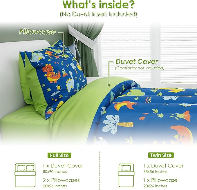 SANDJEST Dinosaur Design Duvet Cover Sets Full Size for Kids Boys, Incude 1 Comforter Cover 80x90 Inches and 2 Pillowcases 20x26 Inches, Comforter Not Included, Gift for Christmas Birthday