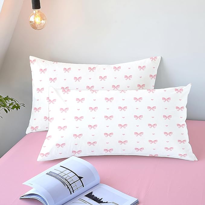 Bow Twin Size Duvet Cover Pink White Heart Bedding Set Girls Bow Comforter Cover with Kawaii Love Heart Print Comforter Cover Breathable, Soft (No Comforter)