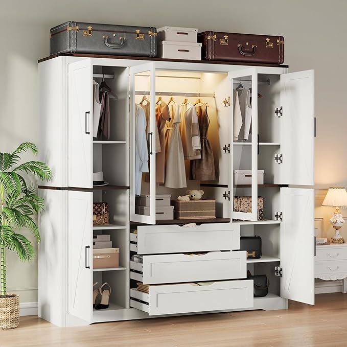 Concho 73'' Tall Farmhouse Armoire Wardrobe Closet with LED Light, Wood Wardrobe Closet Collection with 6 Doors 3 Drawers, Clothing Storage Cabinet with 8 Adjustable Shelves, Antique White