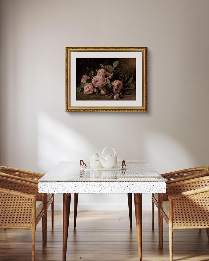 ARPEOTCY Vintage Gold Framed Large Wall Art, Retro Still life Pink Roses Canvas Prints Artwork with Antique Frame, Victorian Wall Paintings Decor for Living Room Gallery, 16x20 inch