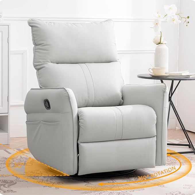 Swivel Rocker Recliner Chair, Upholstered 360° Fabric Leather Glider Rocker Chair for Nursery, Manual Small Recliners for Small Spaces Living Room Weight Capacity 300lbs
