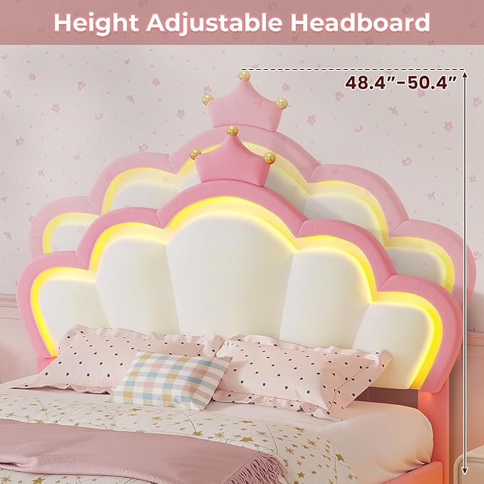 BTHFST Full Size Bed Frame with LED Lights, Girls Full Bed with Princess Crown, LED Velvet Upholstered Platform Bed Frame with Adjustable Headboard, No Box Spring Needed, Pink