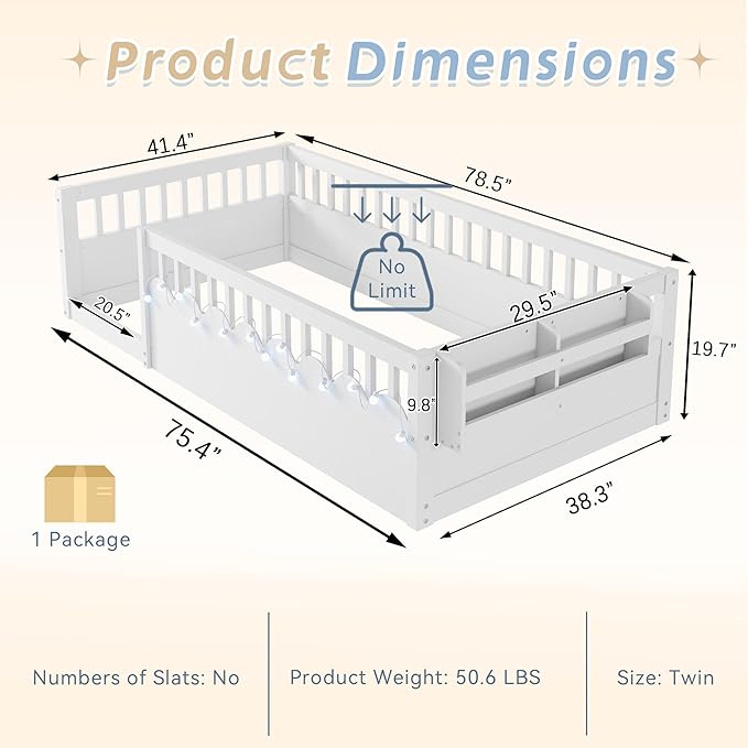 Twin Toddler Floor Bed with High Rails, Wooden Montessori Bed Frame with Light and Storage Shelf, Twin Size Bed Frame for Kids, Boys and Girls, White