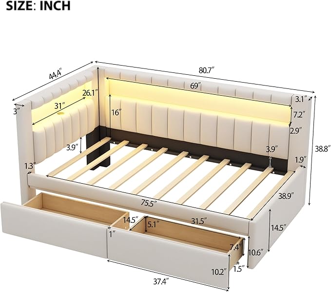 Twin Size Soft Daybed with Storage Drawers, Shelves and LED Belt, Linen Upholstered Corner Bed with L-Shaped Bookshelf Headboard and USB Charger for Kids Boys Girls, White