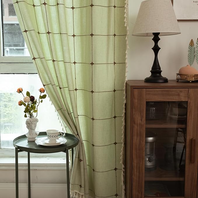 Deeprove Green Boho Curtains for Bedroom 84 Inches Long, Sage Checkered Bohemian Chic Textured Embroidery Plaids, Vintage Tassels Country Decor Drapery, Rod Pocket, 1 Panel W52 x L84, Light Mint
