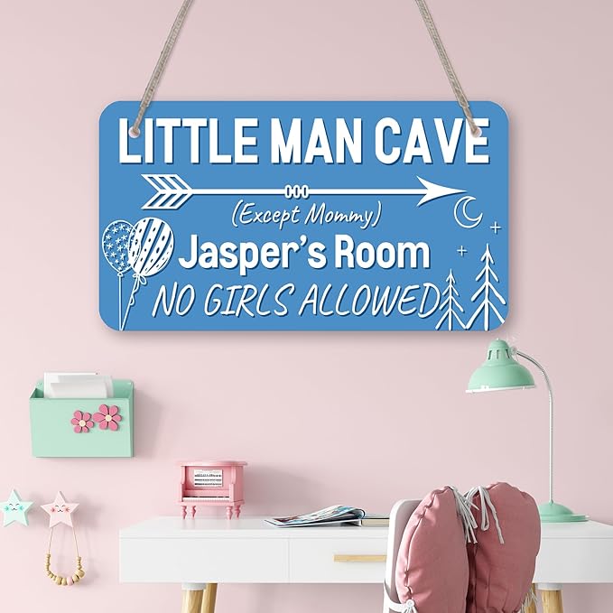 Little Man Cave Personalized Baby Boy Room Decor Custom Name Boys Kids Bedroom Door Sign Toddler Baby Nursery Wood Art Wall Plaque 12x6