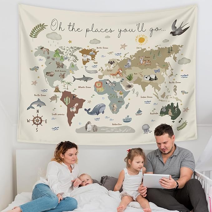 LIANGW Boho Kids World Map Tapestry Wall Hanging, Animal Continents Wildlife Educational Geography Learning Wall Blanket Decor for Classroom Toddler Kids Room Nursery Playroom, 50x60 Inch
