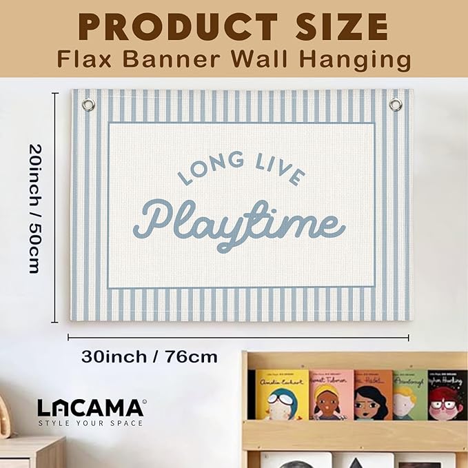 Lacama Blue Long Live Playtime Boys Room Playroom Decor, Boy Nursery Play Room Wall Decor, Linen Banner Wall Hanging Canvas Flag Decors for Toddler Boy Rooms Nursery 30x20 Inch