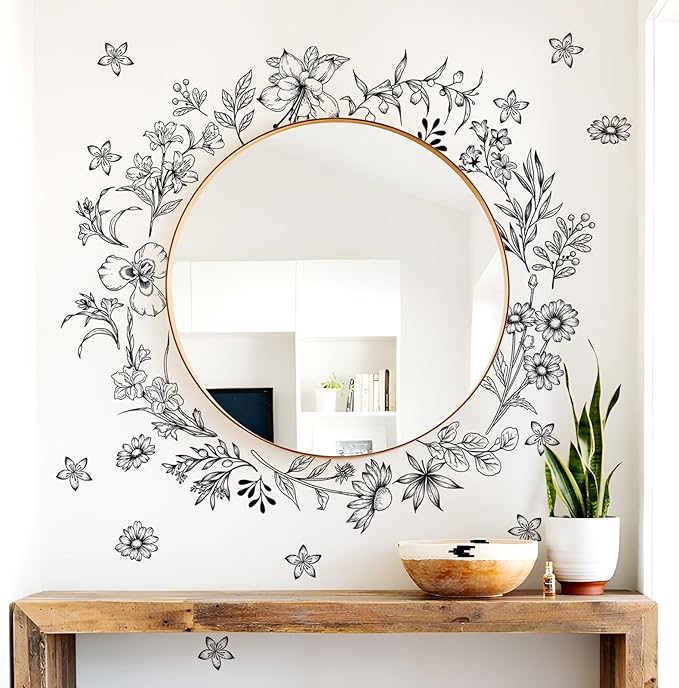 Tanlaby Sketch Black Flower Wall Decals, Garden Floral Wall Stickers Retro Wildflower Decal Peel and Stick Walll Art Decor for Bedroom Office Sofa TV Backdrop