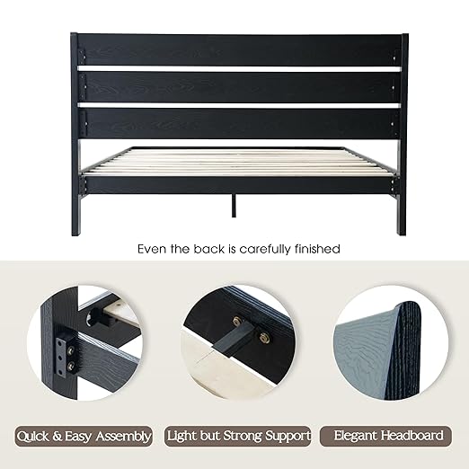 Queen Size Solid Wood Platform Bed Frame with Headboard & Footboard, Metal Legs with 12 Durable Slatted Base, Easy Assembly, No Box Spring Needed, Noise-Free & Anti-Slip, Ebony Oak Finish, QIQ-35