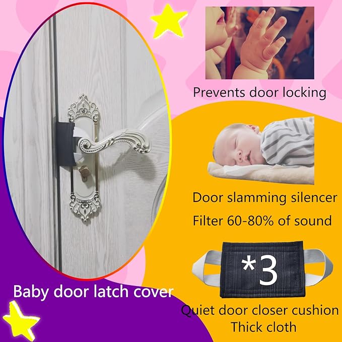 Door Silencer Padded Latch Cover, Quiet Door Closer Cushion to Reduce Slamming Noise for Baby, Nursery, Cloth Door Slam Silencer to Prevent Slamming (3 Pack, Dark Gray, 4.1 * 3.1 inches)