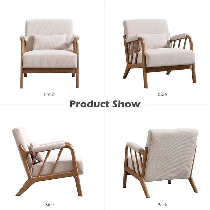 Mid Century Modern Accent Chair with Solid Wood Frame, Upholstered Living Room Chairs with Lumbar Cushion Padded Arms, Reading Armchair for Bedroom (1, Beige)