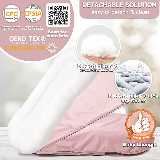 Baby Lounger for Newborn - Snuggle Cozy Me Lounger | Breathable Soft Cotton, 0-24 Months Portable Playtime Baby Nest, Newborn Baby Essentials Gifts- Pink (1 Lounger + 1 Cover)