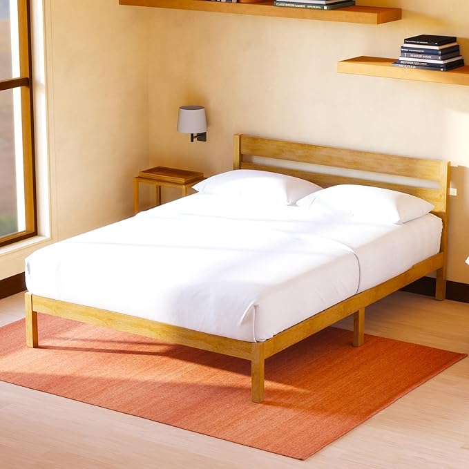 LIFEMENT Classic Wood Platform Bed Frame with Headboard, Essential, Noise Free, Under Bed Storage, No Box Spring Needed, Easy Assembly (Natural, Full)