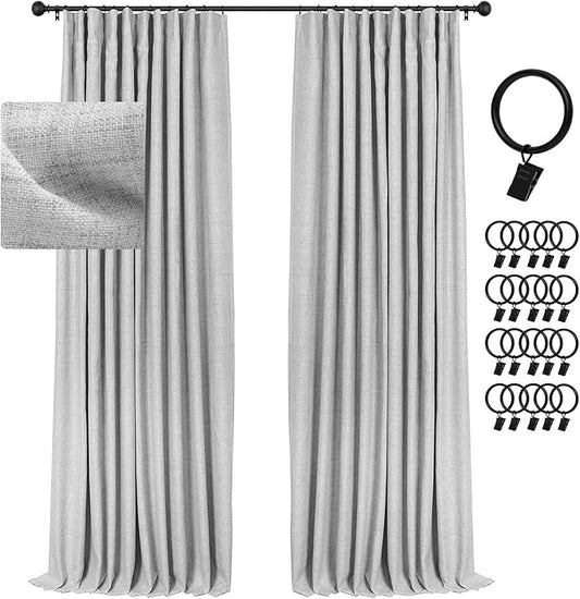 INOVADAY 100% Blackout Curtains for Bedroom, Black Out Curtains 84 Inch Long, Clip Rings Linen Blackout Drapes, Thermal Insulated Room Darkening for Living Room, 2 Panels - Grey,W50xL84